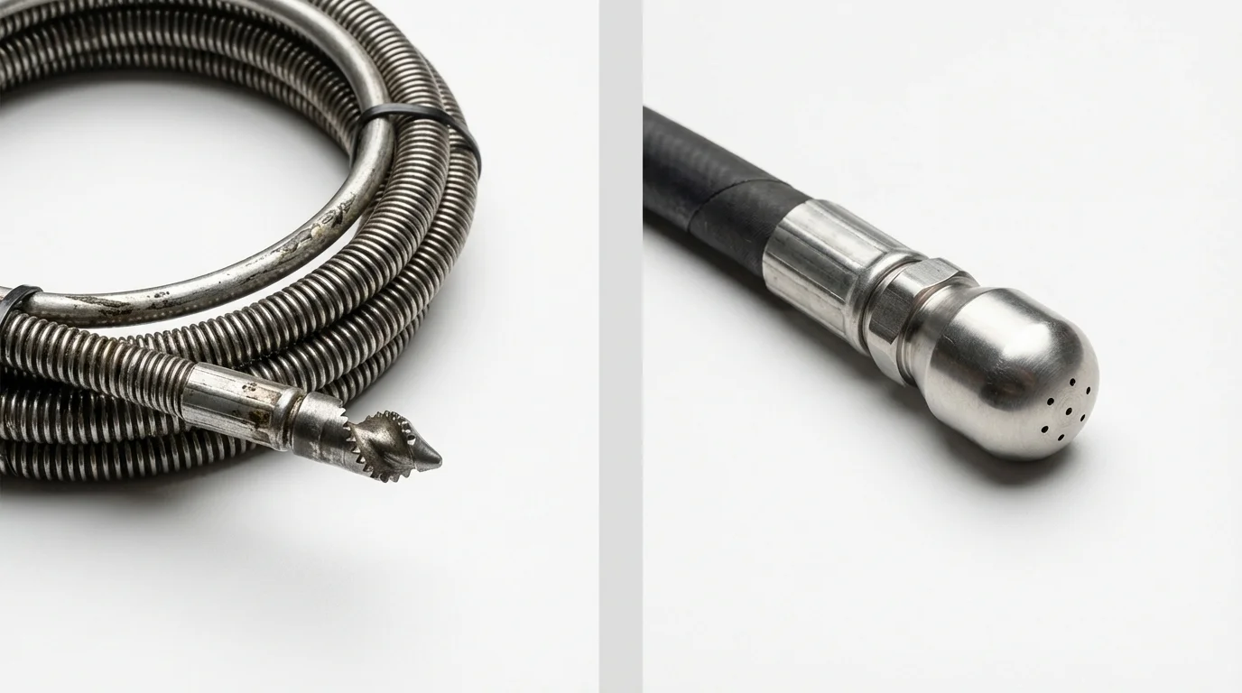 Drain snake cable and hydro jetting nozzle used for drain cleaning in Marina, CA