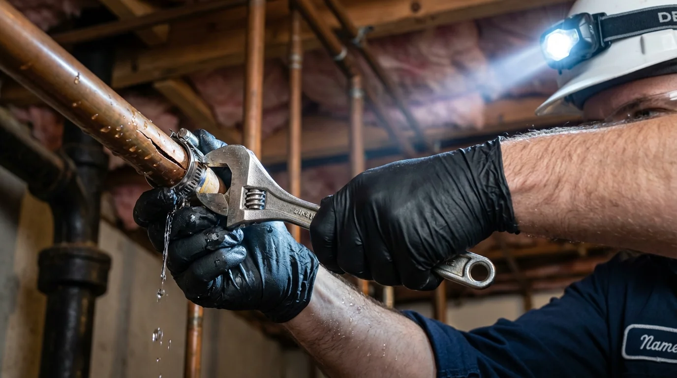 Emergency pipe clamp repair being performed by a Johns Plumbing LLC plumber in Marina