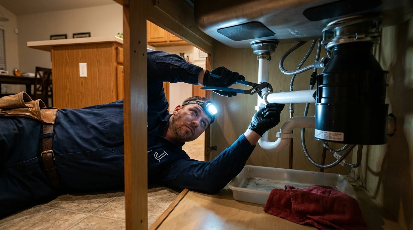 P-trap and supply line connections under a kitchen sink showing a common leak point in Marina, CA